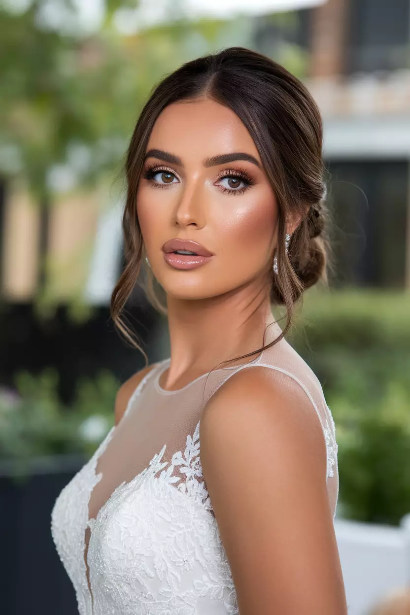 A professional photo, similar to a photo in a wedding magazine, of a bride with brown eyes showing a sophisticated brown cat-eye with glossy neutral lips.