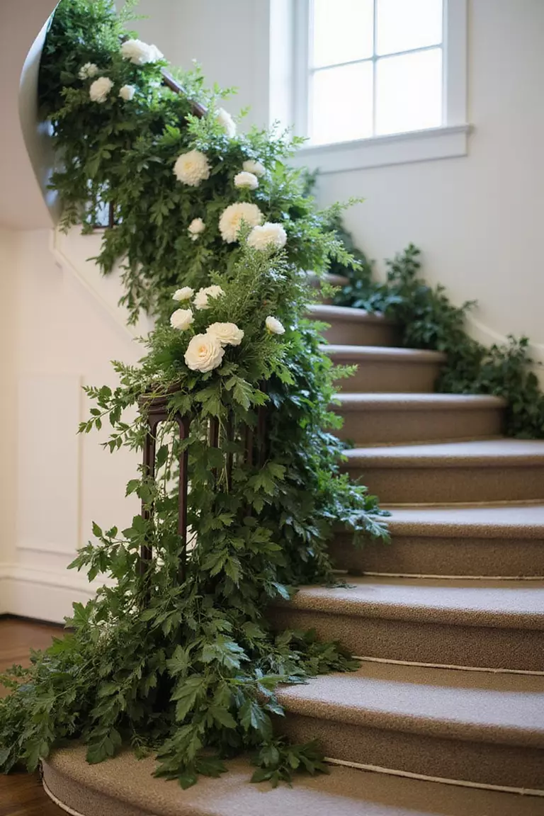 Cascading Staircase Greenery A professional photo, similar to a photo in a wedding magazine, of lush greenery gracefully cascading down an elegant staircase, accented with subtle white blooms.