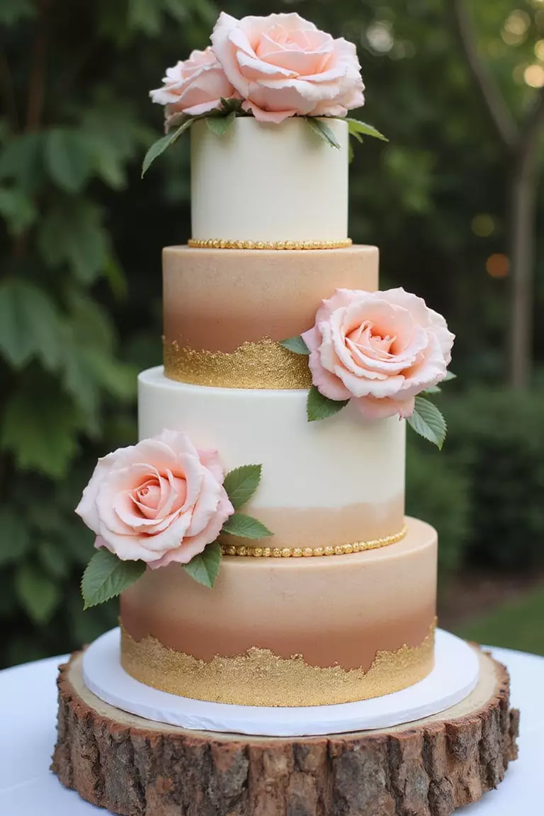 Rich Brown Wedding Cake Designs A professional photo, similar to a photo in a wedding magazine, of multi-tiered brown ombré wedding cake decorated with gold leaf accents and fresh flowers.