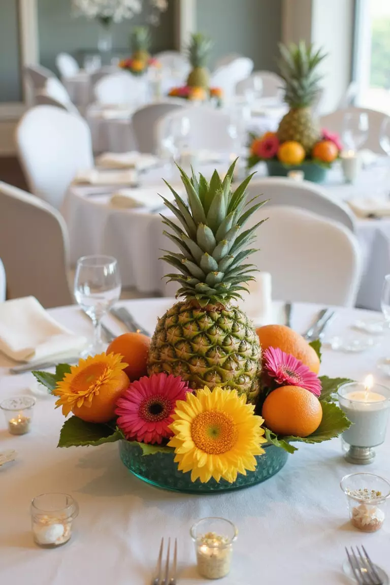 Fruit Centerpieces A professional photo, similar to a photo in a wedding magazine, of elegant coastal reception tables with bright, colorful fruit centerpieces featuring pineapples, citrus, and tropical blooms in sea-glass containers.