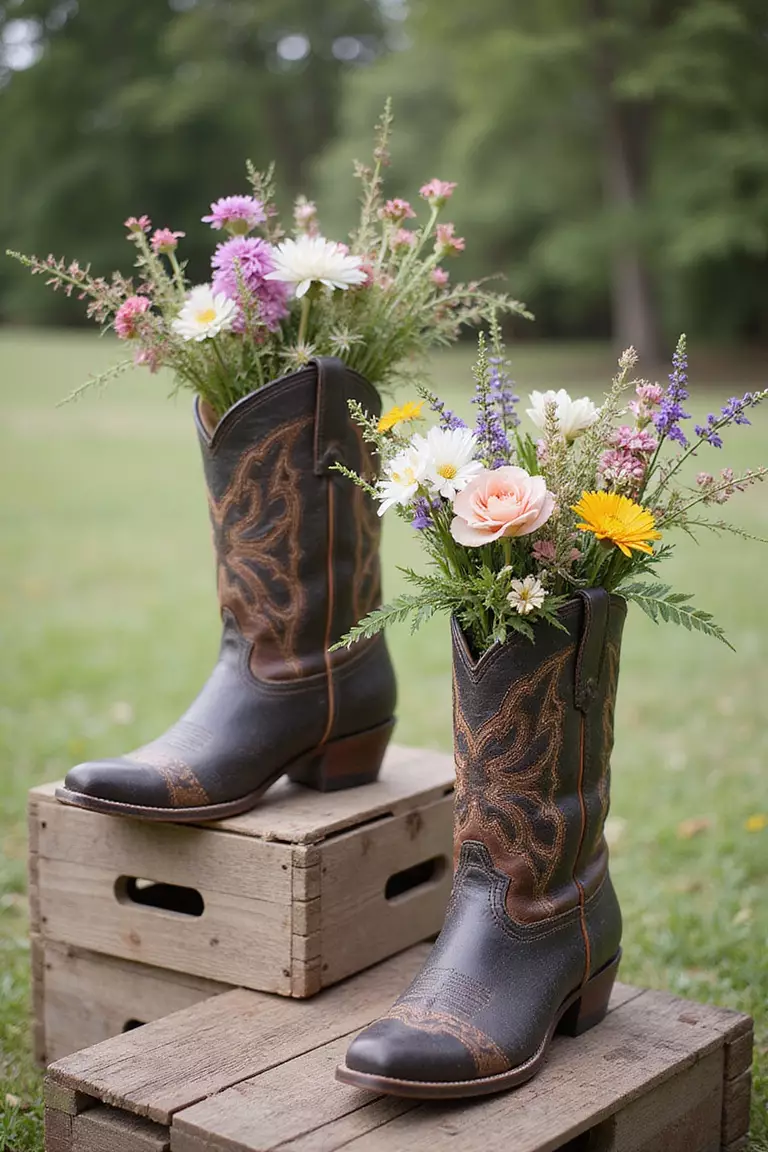 Cowboy Boot Vases A professional photo, similar to a photo in a wedding magazine, of weathered cowboy boots repurposed as charming flower vases, filled with wildflowers and placed on wooden crates.