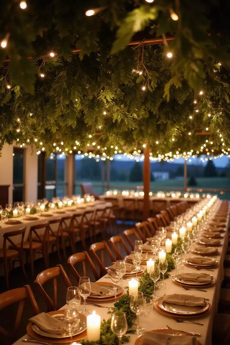 Fairy Light Intertwined Leaf Garlands A professional photo, similar to a photo in a wedding magazine, of twinkling fairy lights intertwined with deep green eucalyptus garlands hanging above dining tables.