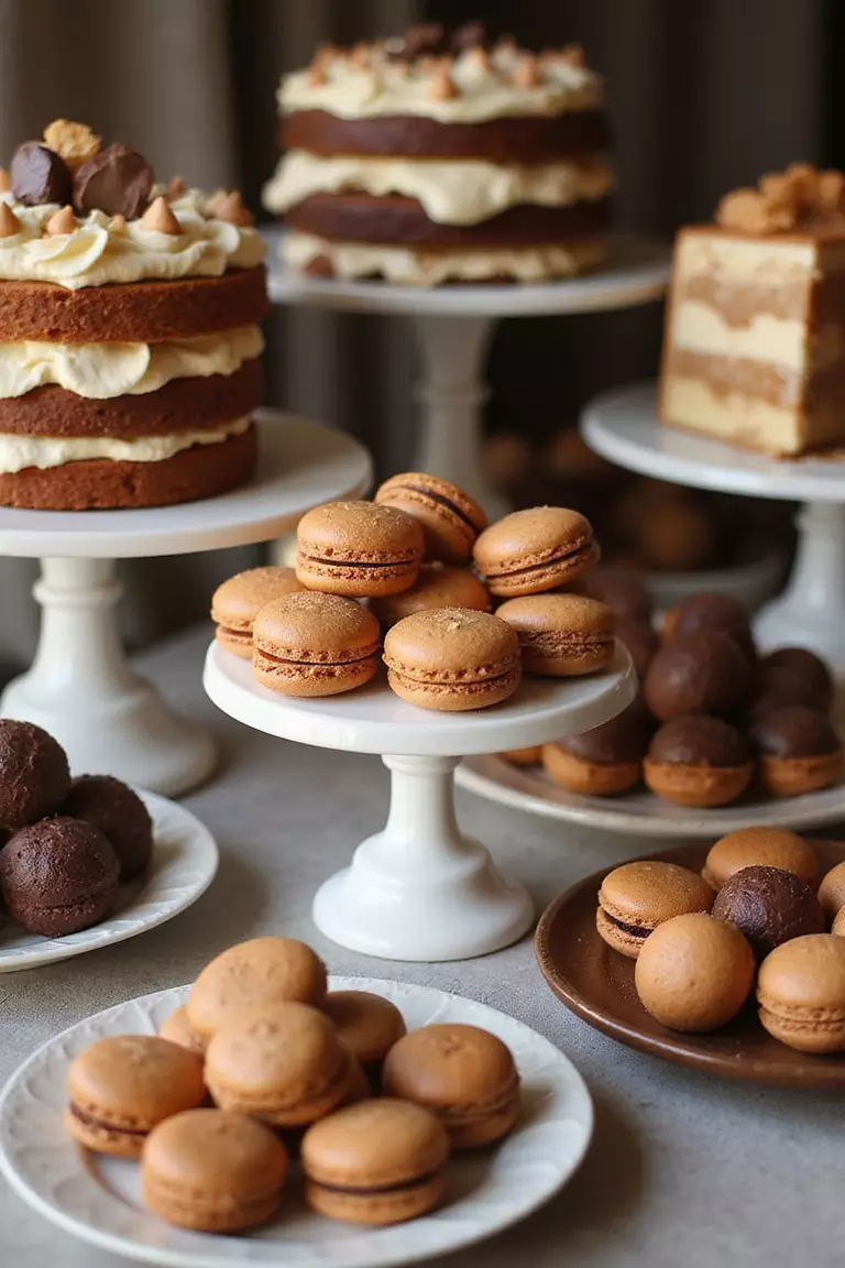 Caramel And Brown Dessert Tables A professional photo, similar to a photo in a wedding magazine, of dessert table with caramel and chocolate brown treats, including macarons, truffles, and layered cakes.