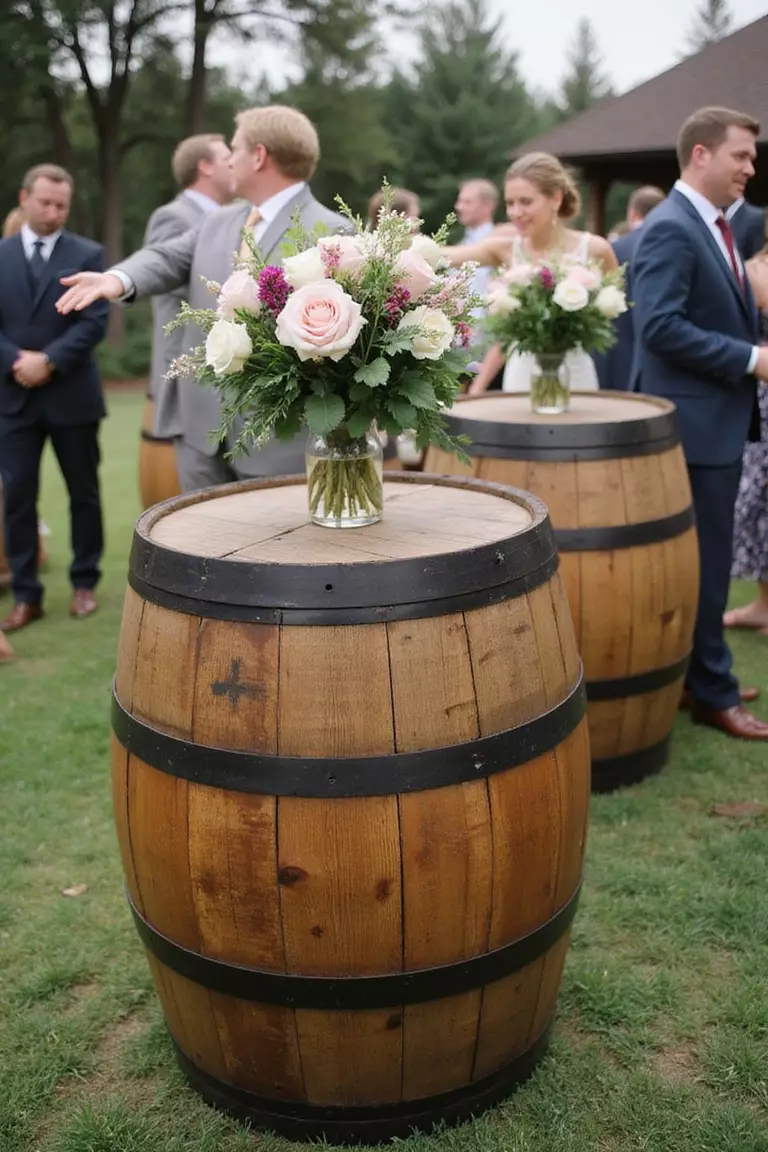 Whiskey Barrel Cocktail Tables A professional photo, similar to a photo in a wedding magazine, of authentic whiskey barrels repurposed as cocktail tables, topped with floral arrangements and surrounded by guests.