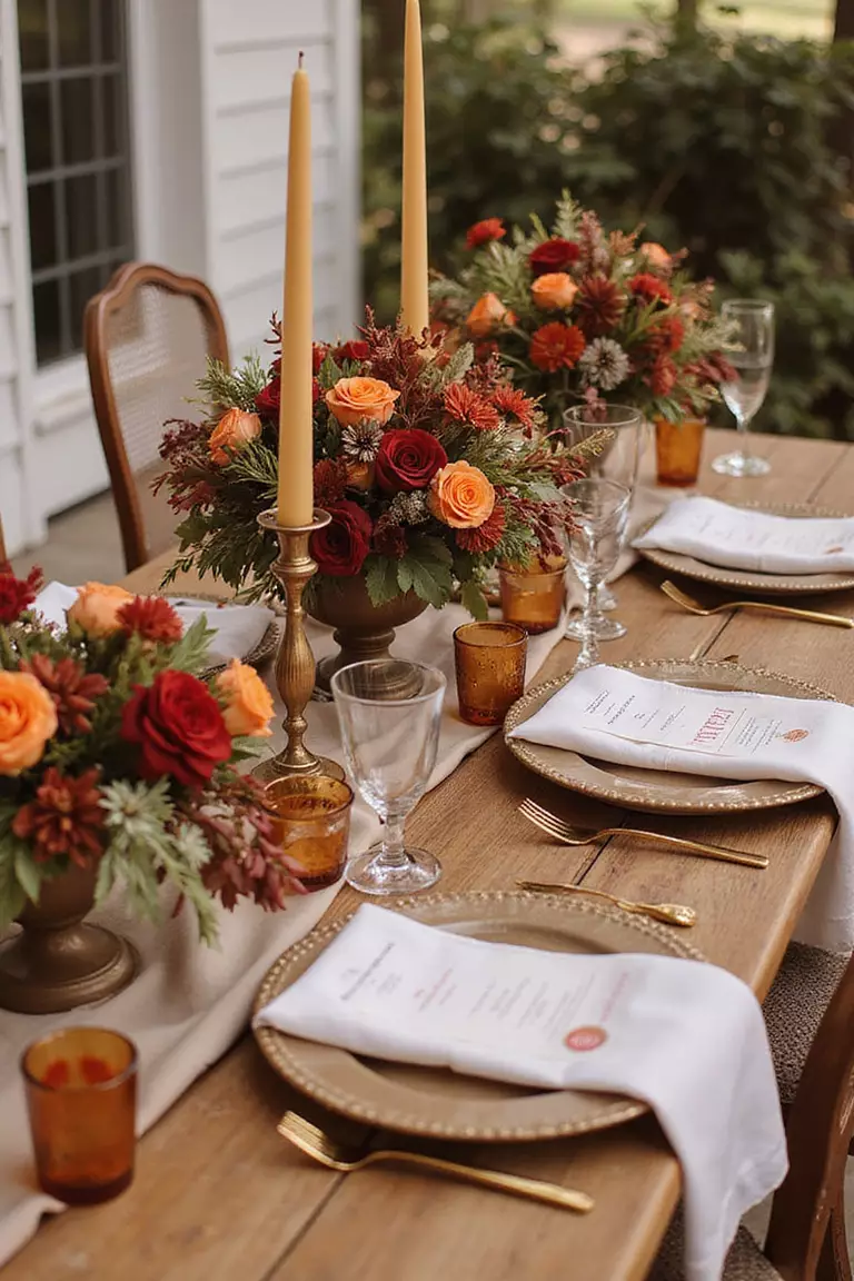 Terracotta And Brown Color Pairing A professional photo, similar to a photo in a wedding magazine, of wedding color scheme featuring terracotta and brown in floral arrangements, table settings, and decorative elements.