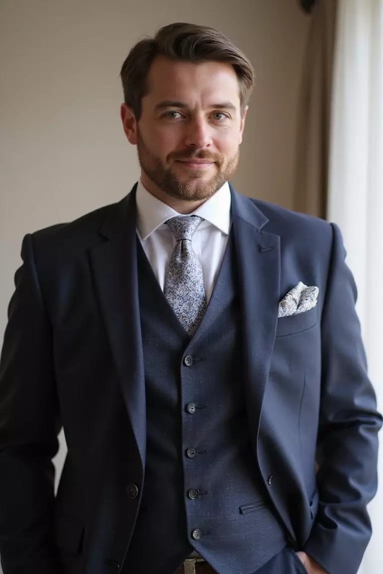 Three-Piece Suit In Any Season A professional photo, similar to a photo in a wedding magazine, of a man in a perfectly fitted three-piece suit with matching vest and subtle pattern at a wedding.