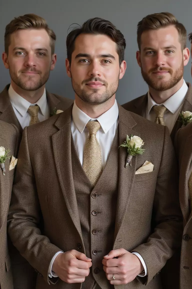 Brown Tweed Groom Attire A professional photo, similar to a photo in a wedding magazine, of groom and groomsmen in brown tweed suits with matching vests and rustic boutonnieres.
