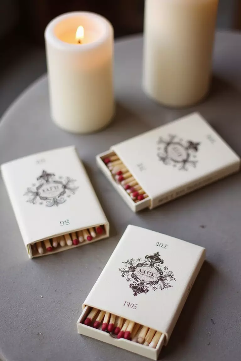 Decorative Matchbooks A professional photo, similar to a photo in a wedding magazine, of elegant matchbooks with decorative covers arranged beside unlit candles.