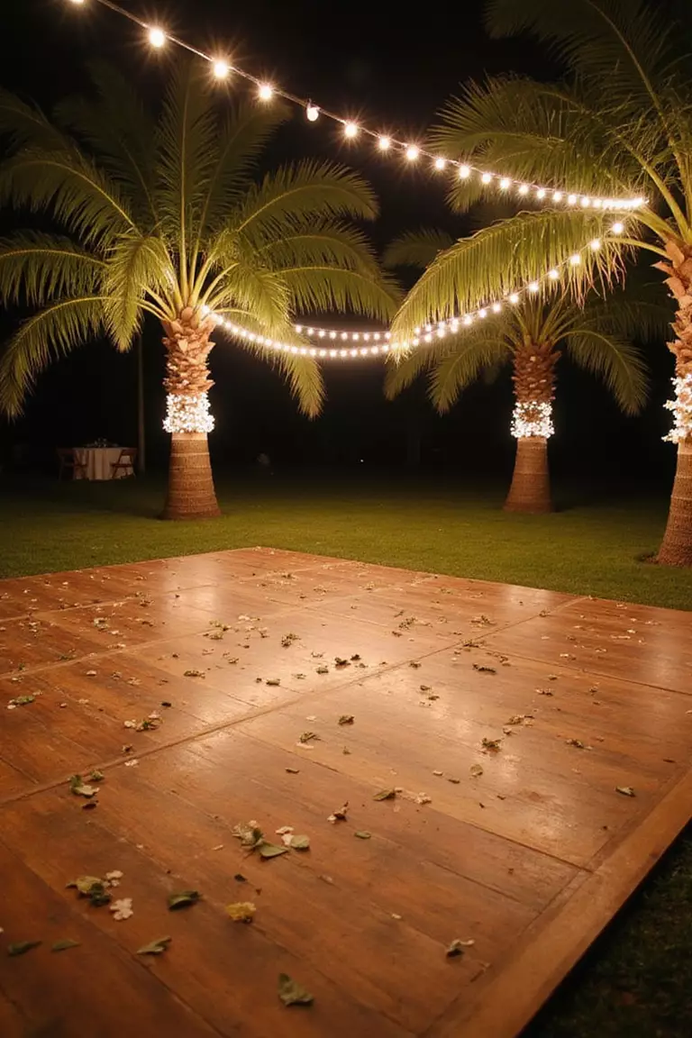Palm Frond Covered Dance Floor A professional photo, similar to a photo in a wedding magazine, of a rustic wooden dance floor covered with scattered palm fronds and illuminated by overhead string lights.