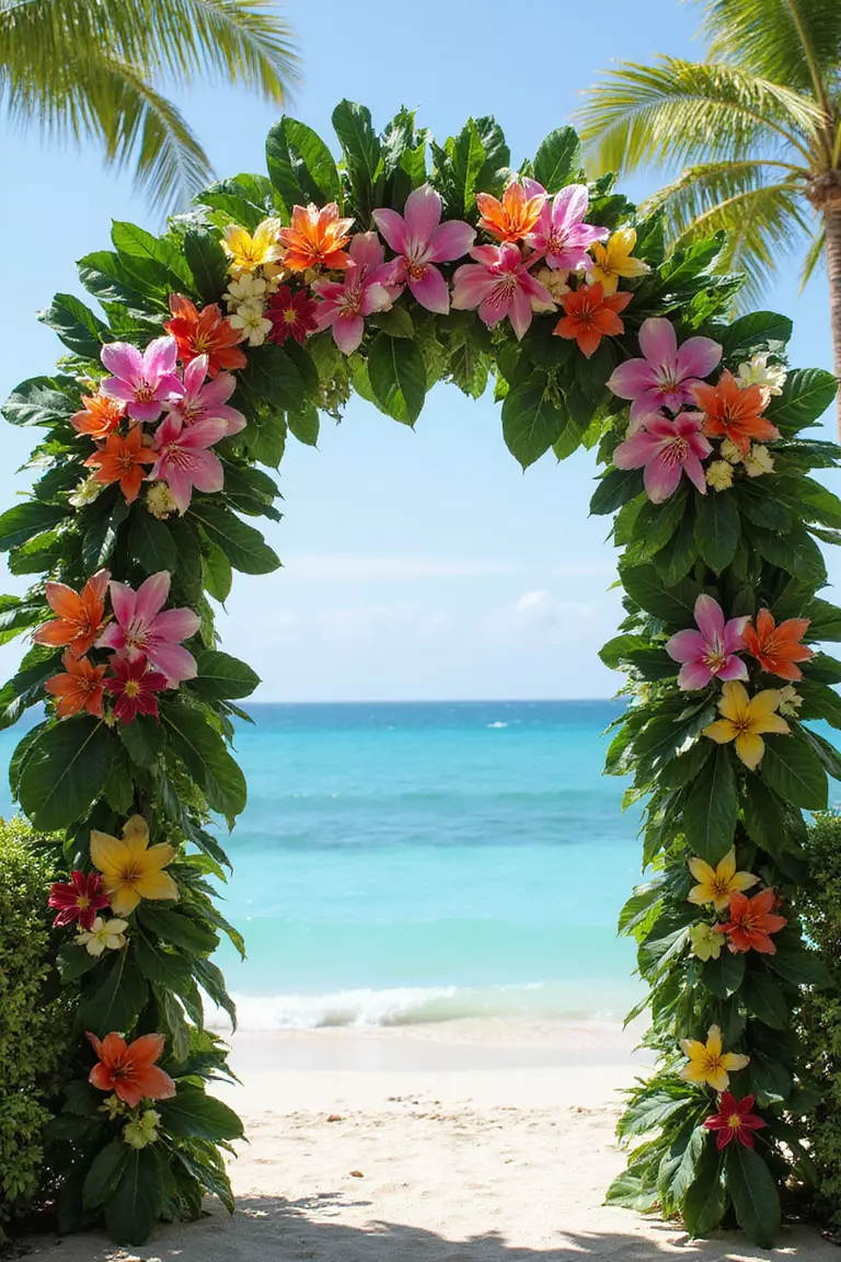 Floral Paradise Arches A professional photo, similar to a photo in a wedding magazine, of a lush tropical wedding arch overflowing with vibrant orchids, birds of paradise, and monstera leaves against a turquoise ocean backdrop.