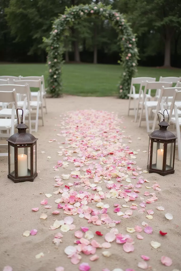 Create A Special Ceremony Area A professional photo, similar to a photo in a wedding magazine, of a designated ceremony area marked with flower petals in the sand, surrounded by lanterns and a circle of chairs.