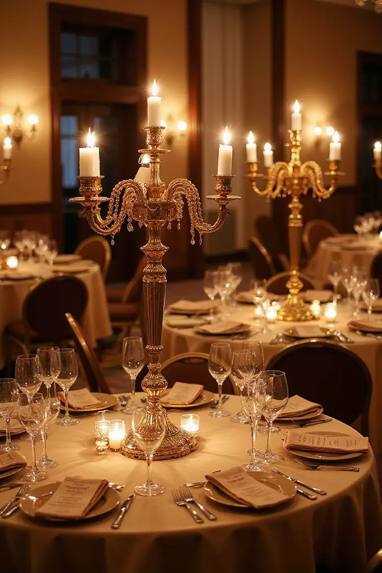 Brown And Gold Elegance A professional photo, similar to a photo in a wedding magazine, of luxurious brown and gold wedding reception with elegant candelabras, satin tablecloths, and crystal glassware.