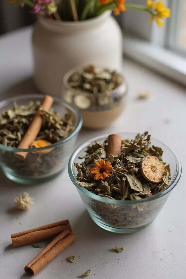 Custom Tea Blends A professional photo, similar to a photo in a wedding magazine, of loose tea leaves in clear glass containers with cinnamon sticks and dried flowers as accents.