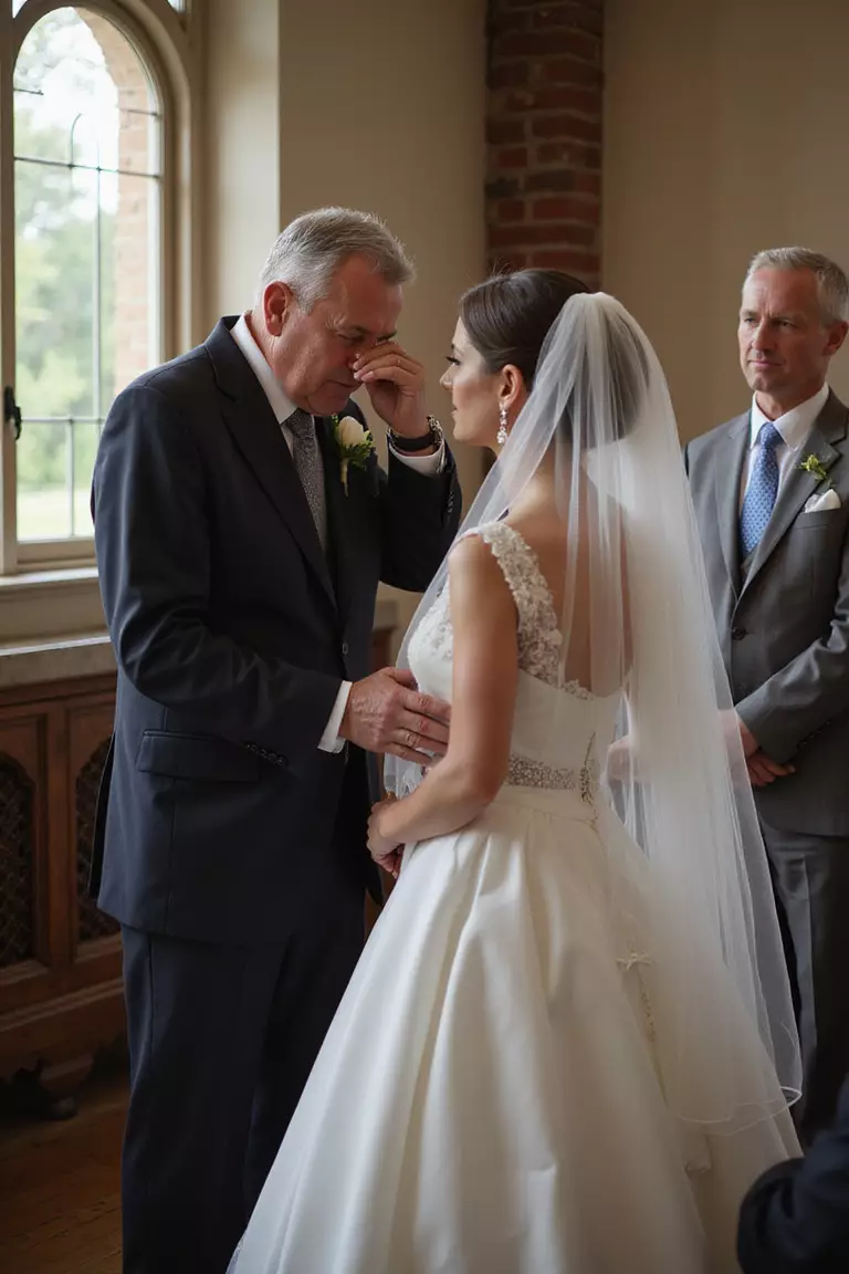 Parent's Proud Tears A professional photo, similar to a photo in a wedding magazine, of father wiping away tear while watching daughter at altar, emotional moment captured.