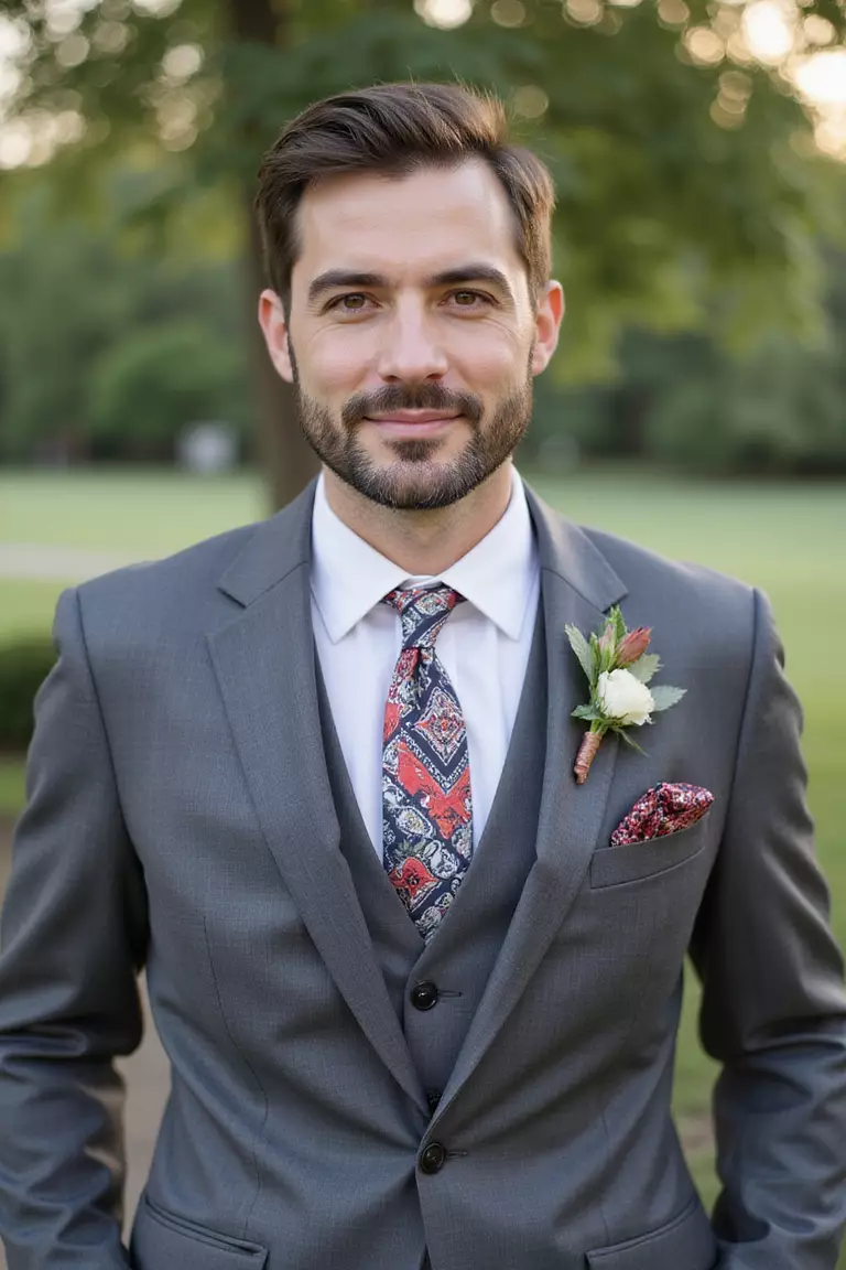 Gray Suit With Colorful Pocket Square A professional photo, similar to a photo in a wedding magazine, of a man in a slate gray suit with vibrant patterned pocket square adding a pop of color at a wedding.