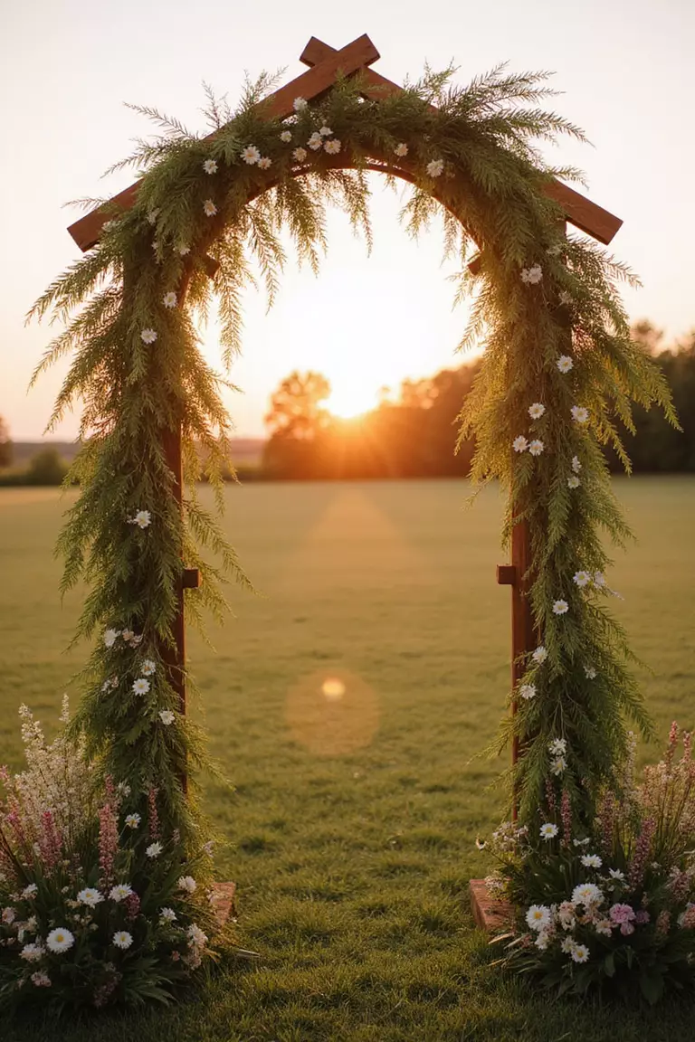 Rustic Wooden Arch Decorated With Wildflowers A professional photo, similar to a photo in a wedding magazine, of a rustic wooden arch adorned with cascading wildflowers and greenery, set against a golden sunset in a grassy field.