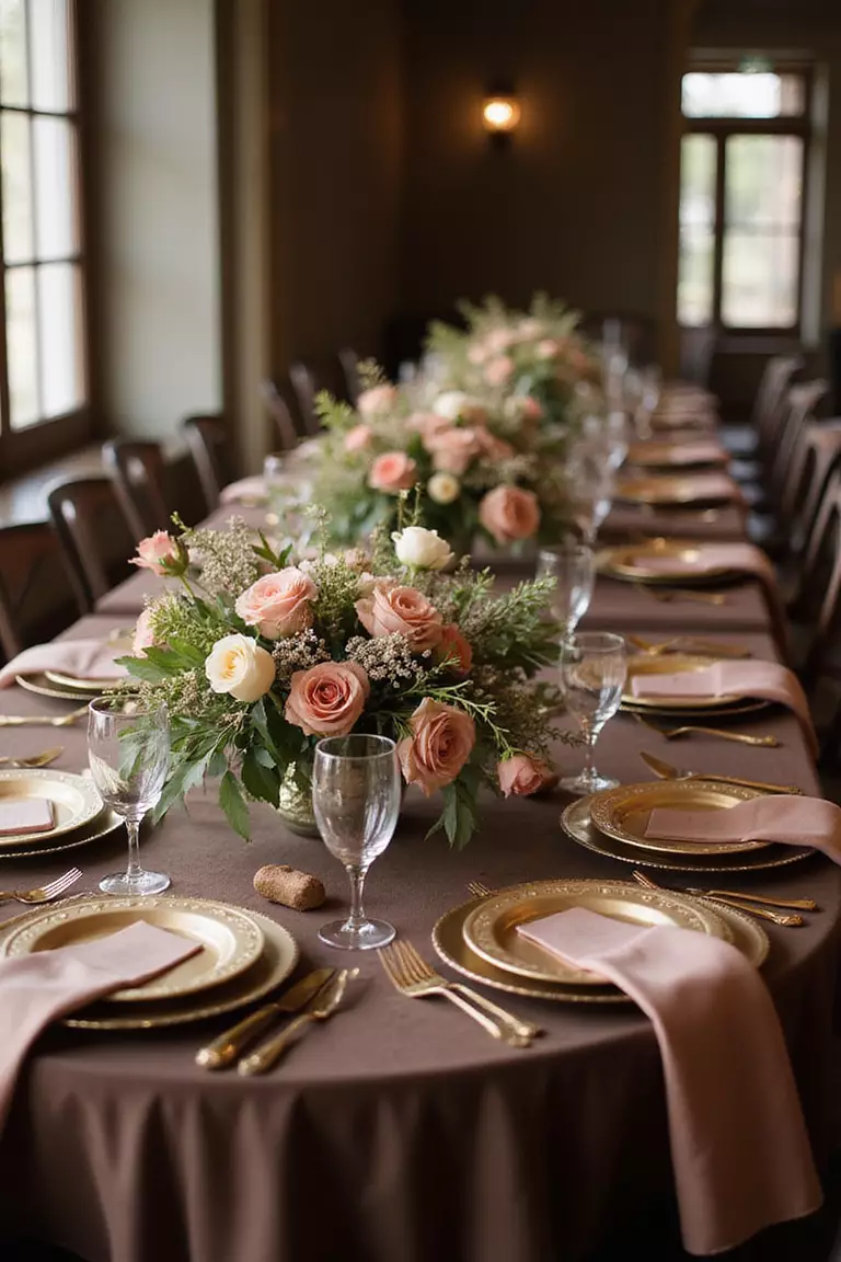 Chocolate Brown And Dusty Rose Combination A professional photo, similar to a photo in a wedding magazine, of romantic wedding table featuring chocolate brown linens with dusty rose centerpieces and gold accents.