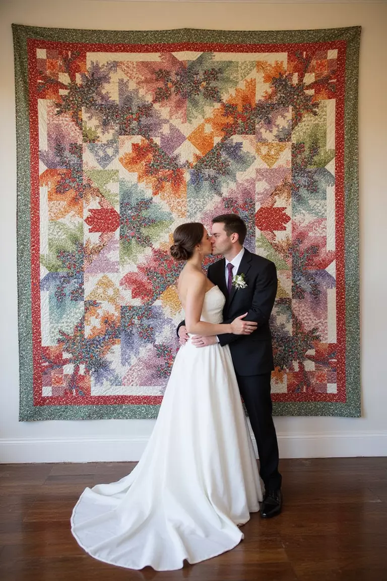 Family Quilt Display Wall A professional photo, similar to a photo in a wedding magazine, of a stunning wall display of colorful family quilts hung as an artistic backdrop for a wedding reception.