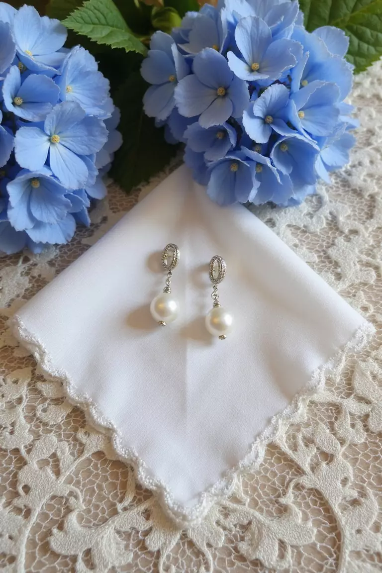 Something Old, Something New, Something Borrowed, And Something Blue Hydrangea A professional photo, similar to a photo in a wedding magazine, of a vintage handkerchief with blue hydrangeas next to a bride's pearl earrings on antique lace.