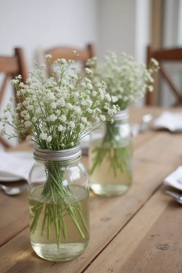 Mason Jar Centerpieces With Baby's Breath A professional photo, similar to a photo in a wedding magazine, of elegantly arranged mason jars filled with delicate baby's breath flowers, creating simple yet charming centerpieces on wooden tables.