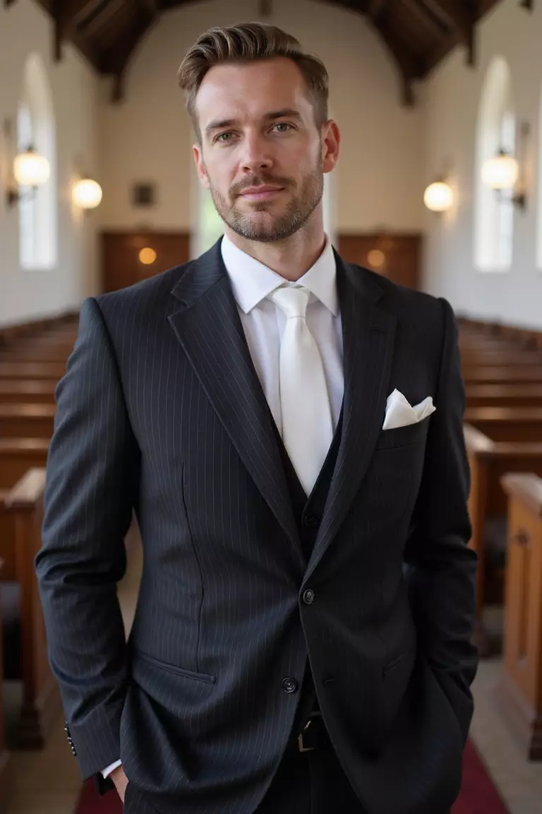 Pinstripe Suit For Traditional Settings A professional photo, similar to a photo in a wedding magazine, of a man in a classic dark pinstripe suit with white pocket square at a traditional church wedding.