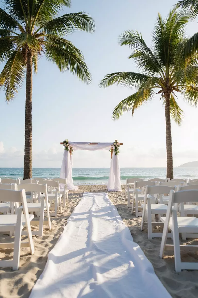 Beach Ceremony Setups A professional photo, similar to a photo in a wedding magazine, of a beachfront ceremony setup with white chairs, flowing fabric aisle runner, and palm trees swaying in the background.