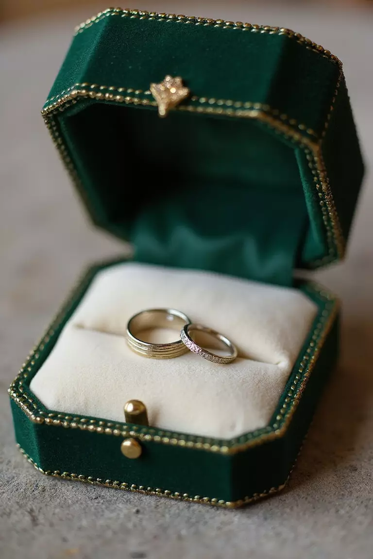 Emerald Velvet Ring Boxes A professional photo, similar to a photo in a wedding magazine, of a deep emerald velvet ring box with gold trim open to reveal wedding bands nestled on cream-colored cushion.