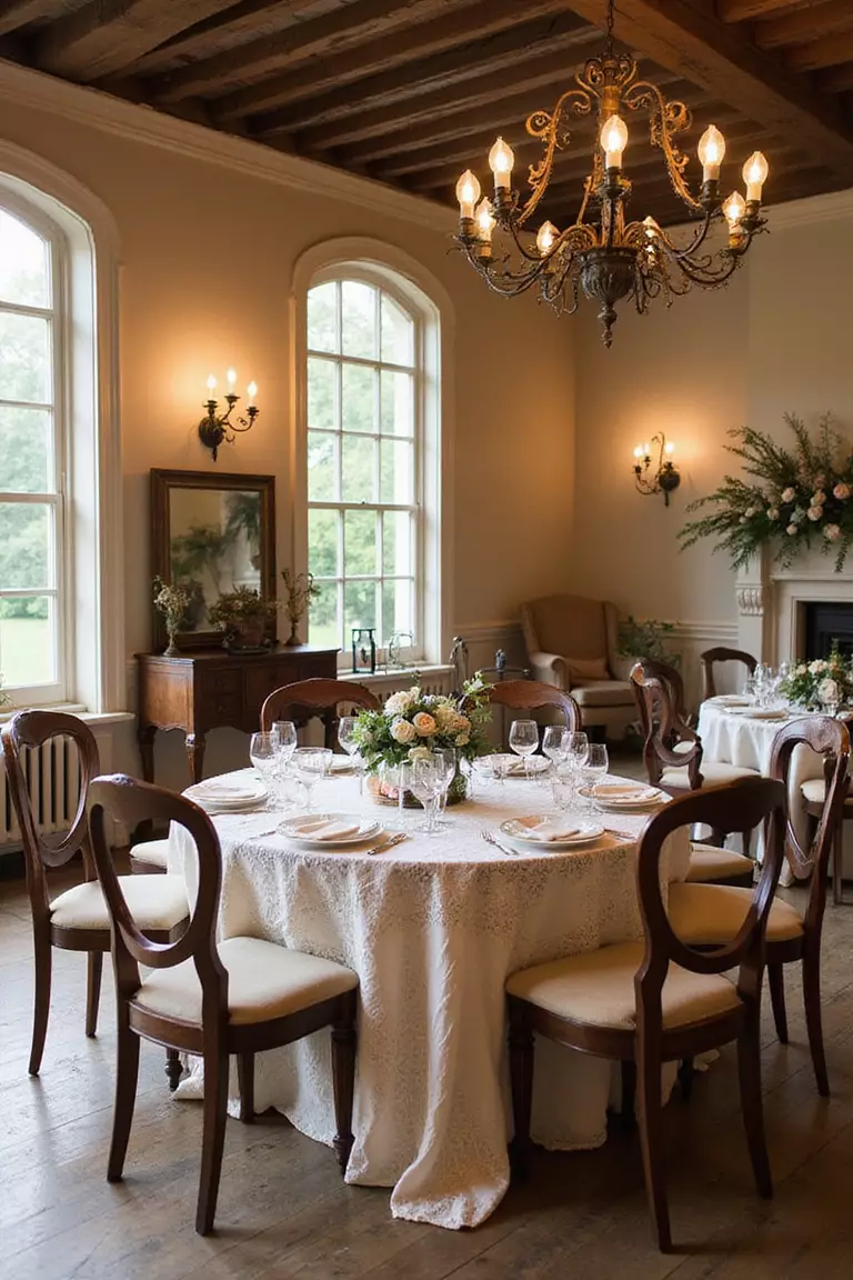 Vintage Brown And Cream Color Scheme A professional photo, similar to a photo in a wedding magazine, of vintage-inspired wedding reception with brown and cream color palette, antique furniture, and lace details.