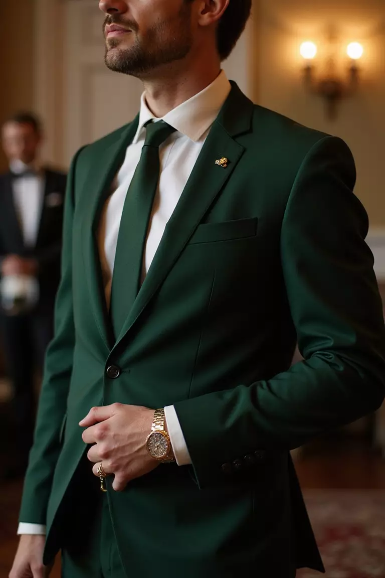 Dark Green Suit With Gold Accessories A professional photo, similar to a photo in a wedding magazine, of a man in a dark emerald green suit with gold cufflinks and tie clip at an evening wedding reception.