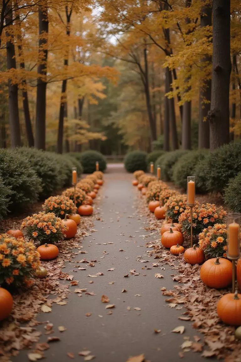 Fall Brown Leaf Wedding Accents A professional photo, similar to a photo in a wedding magazine, of autumn wedding aisle decorated with brown fallen leaves, pumpkins, and amber candles.