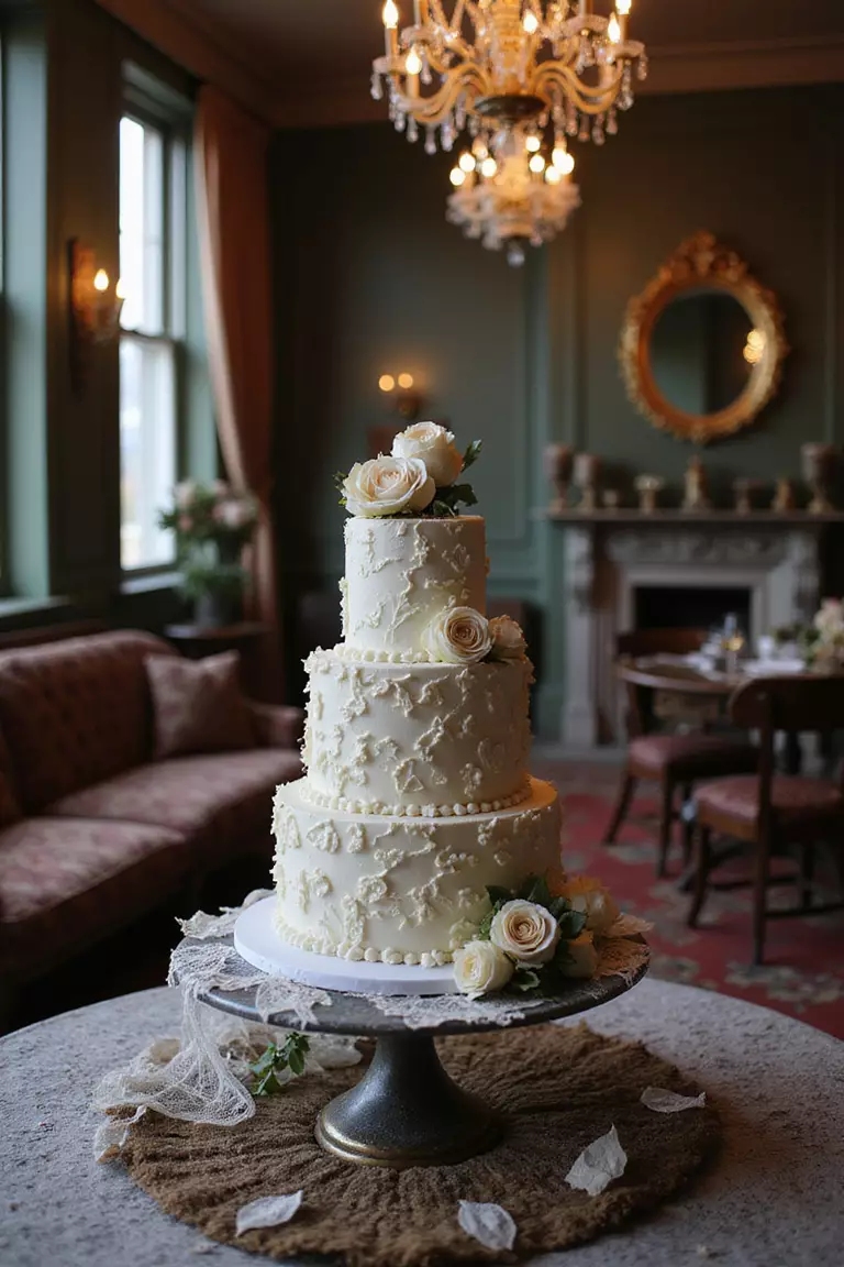Haunted Mansion Celebration A professional photo, similar to a photo in a wedding magazine, of a wedding cake displayed in an elegant room with vintage chandeliers, cobweb-like lace decorations, and antique furniture creating a sophisticated haunted atmosphere.