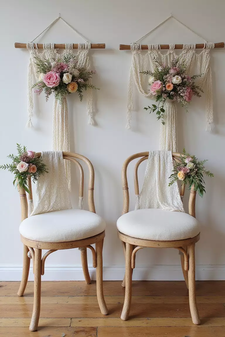 Boho Macramé And Wildflower Chair Garlands A professional photo, similar to a photo in a wedding magazine, of bohemian wedding chairs adorned with macramé hanging pieces and delicate wildflowers in pastel colors.