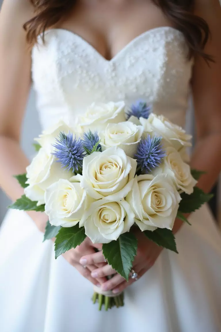 White Rose Bouquets With Blue Accents A professional photo, similar to a photo in a wedding magazine, of a bride holding a luxurious bouquet of white roses accented with delicate blue thistle and ribbon.