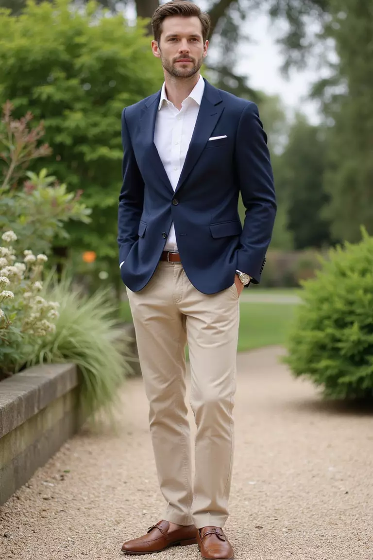 Smart Casual Blazer And Chinos Combo A professional photo, similar to a photo in a wedding magazine, of a man in a tailored navy blazer paired with fitted beige chinos and loafers at a garden wedding.