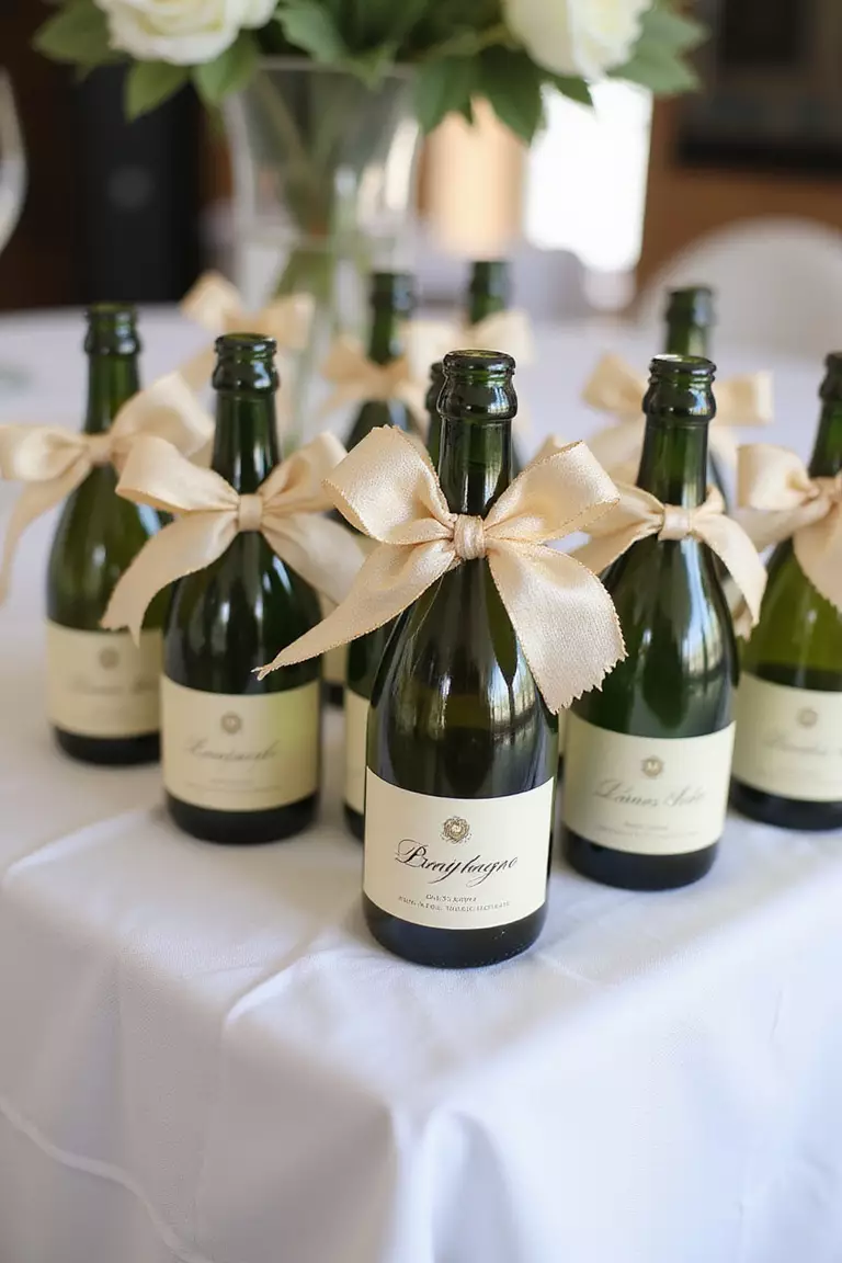 Personalized Mini Champagne Bottles A professional photo, similar to a photo in a wedding magazine, of miniature champagne bottles with personalized labels and decorative ribbons arranged on a white linen table.