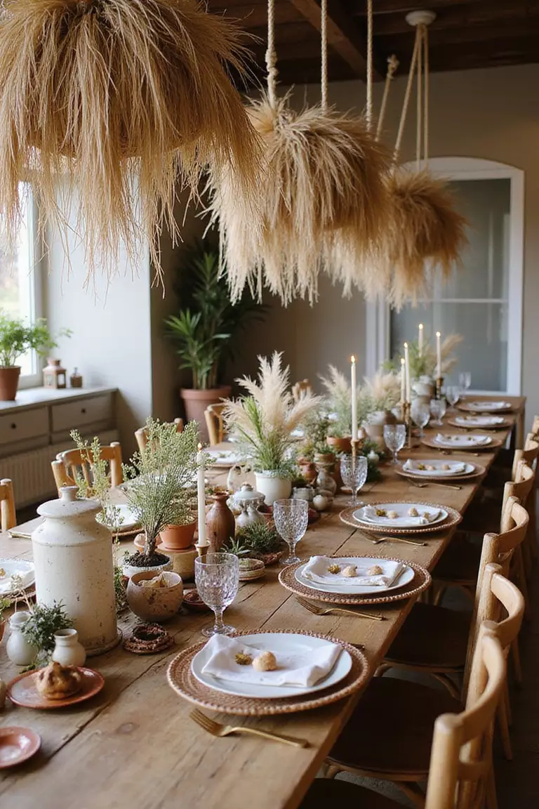 Brown Boho Wedding Elements A professional photo, similar to a photo in a wedding magazine, of boho wedding reception with brown macramé hangings, pampas grass, and earthy ceramic decorations.
