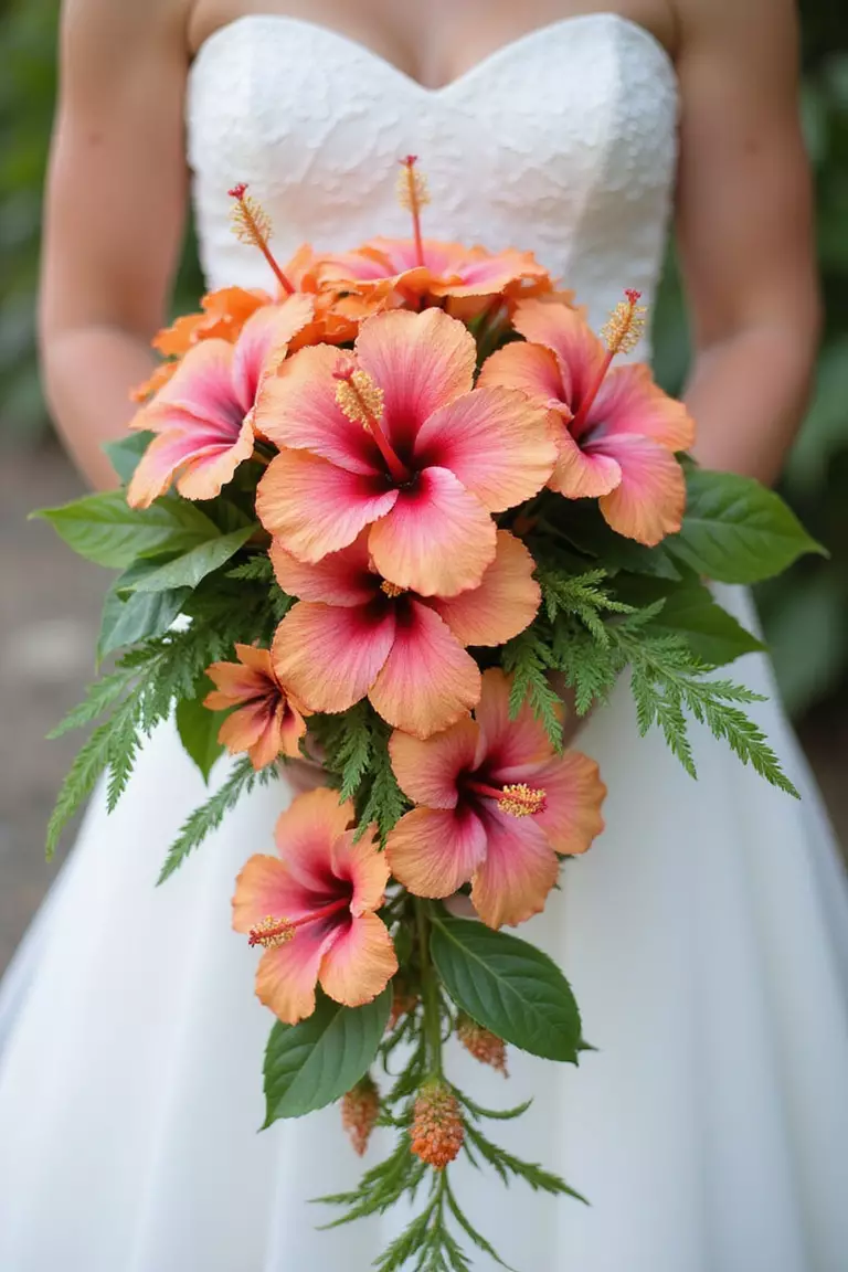 Hibiscus Flower Bouquets A professional photo, similar to a photo in a wedding magazine, of a bride holding a cascading bouquet of vibrant pink and orange hibiscus flowers accented with tropical greenery.