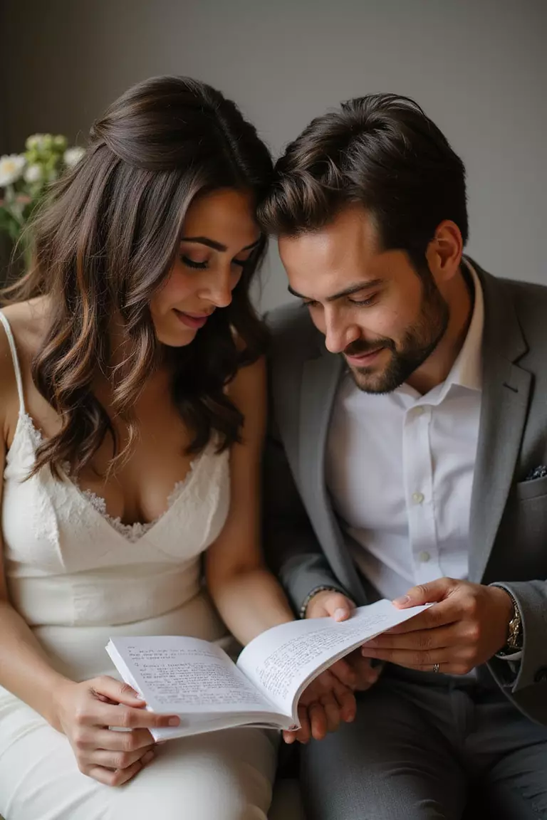 Love Letters Exchange Shots A professional photo, similar to a photo in a wedding magazine, of couple reading handwritten love letters to each other, emotions visible on their faces.
