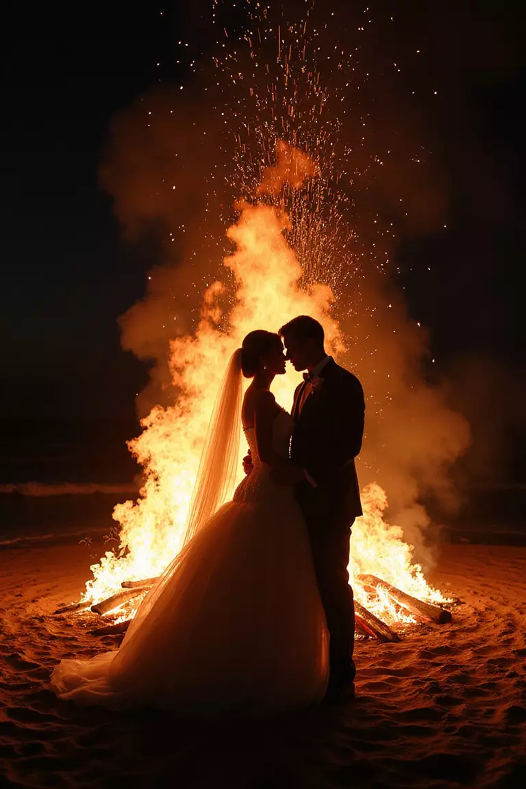 Beach Bonfire A professional photo, similar to a photo in a wedding magazine, of newlyweds silhouetted against a roaring beach bonfire, with sparks rising into the night sky.