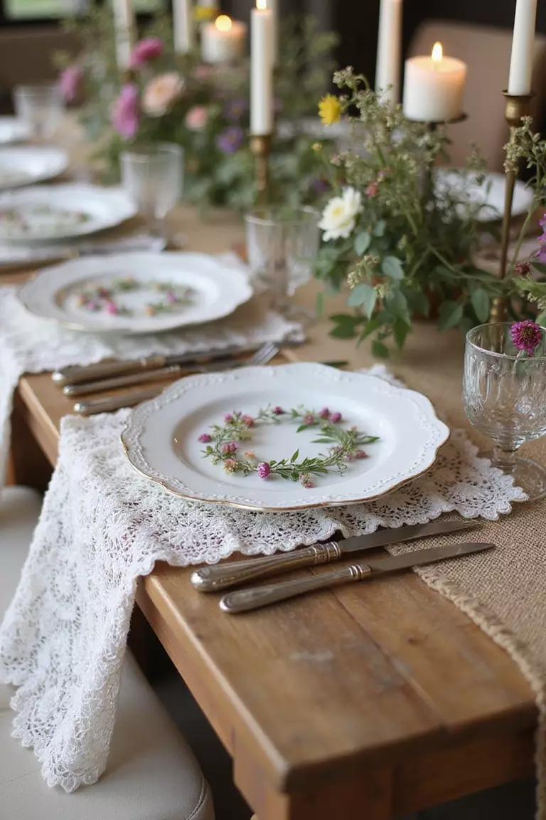 Lace And Burlap Table Runners A professional photo, similar to a photo in a wedding magazine, of an elegantly set farmhouse table featuring delicate lace overlaying rustic burlap runners, adorned with wildflowers and vintage candles.