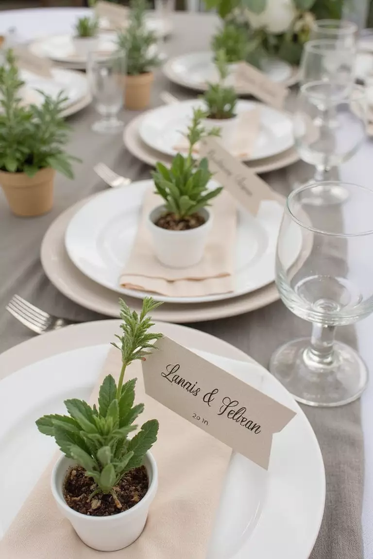 Fresh Herb Place Settings A professional photo, similar to a photo in a wedding magazine, of elegant place settings featuring small potted herbs with name tags, adding fragrance and greenery to each plate.