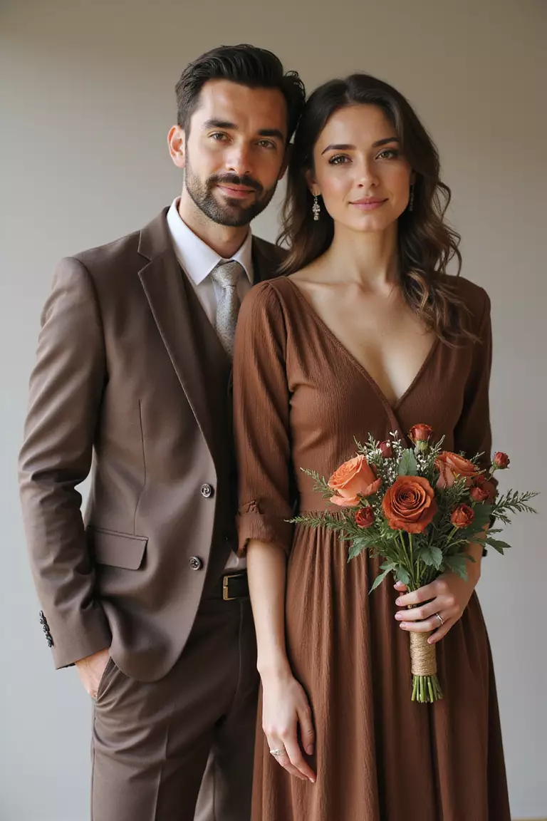 Mocha Brown Wedding Attire Ideas A professional photo, similar to a photo in a wedding magazine, of bride and groom in complementary mocha brown attire, standing in natural light with soft background.