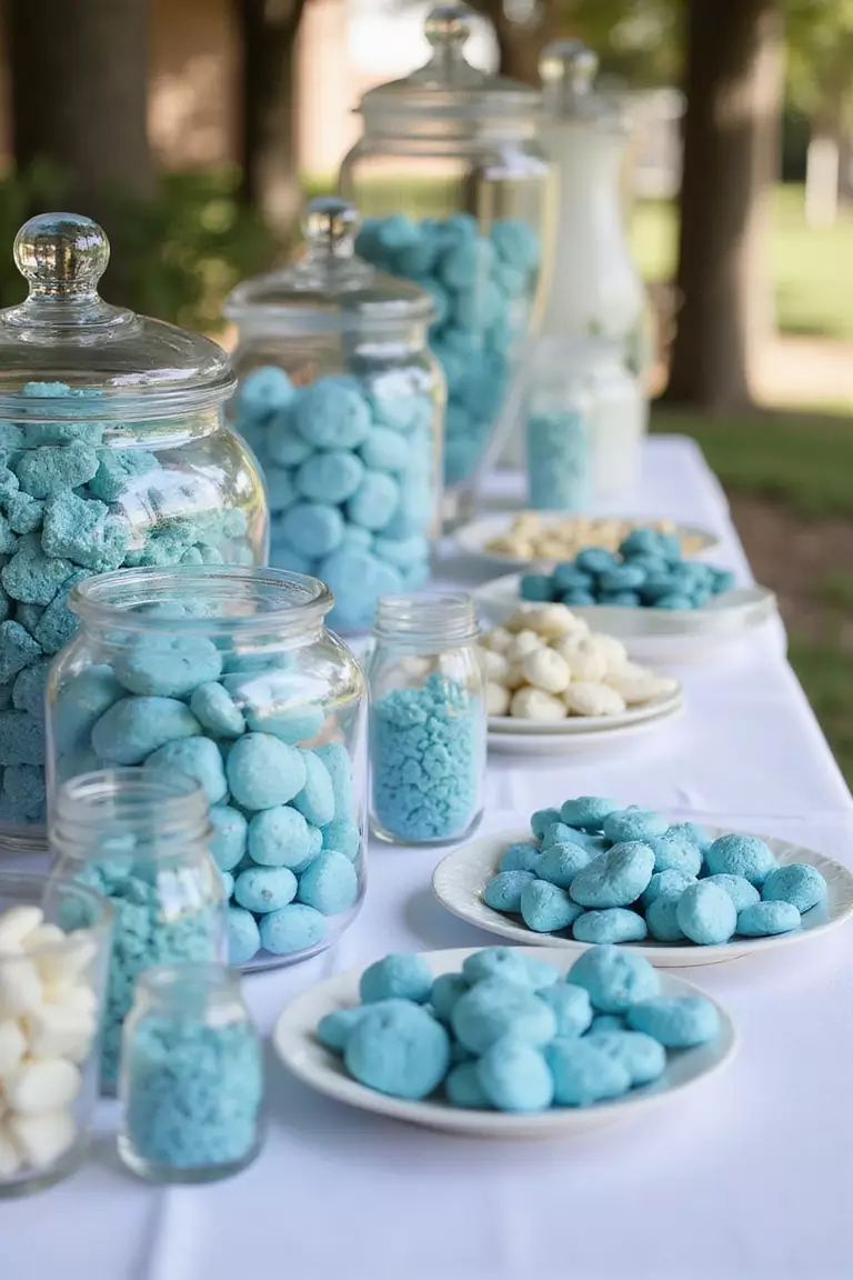 Blue And White Candy Bar A professional photo, similar to a photo in a wedding magazine, of an elaborate candy bar featuring glass jars filled with blue and white sweets on a white tablecloth.