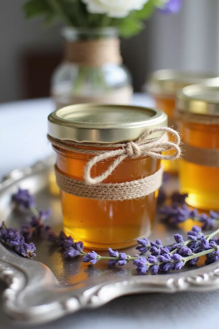 Local Honey Jars A professional photo, similar to a photo in a wedding magazine, of small honey jars tied with twine and sprigs of lavender arranged on a vintage silver tray.