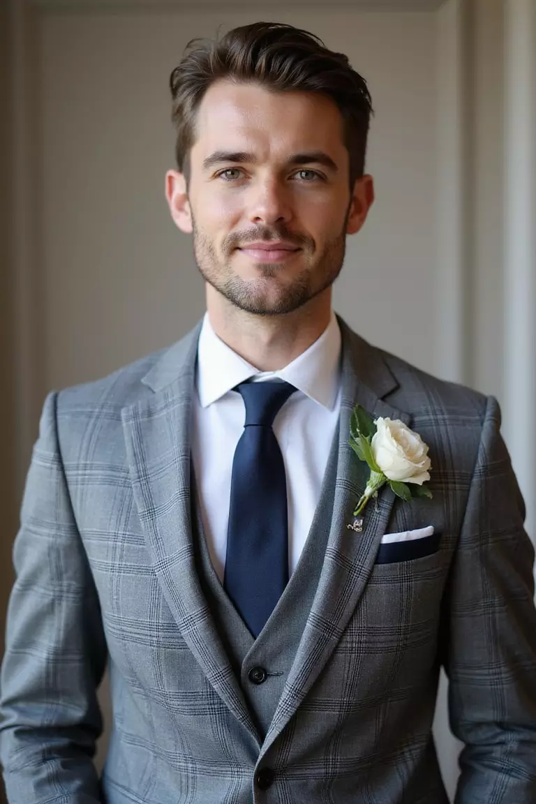 Gray Plaid Suit With Solid Tie A professional photo, similar to a photo in a wedding magazine, of a man in a gray plaid suit paired with a solid navy tie and silver tie clip at a formal wedding.