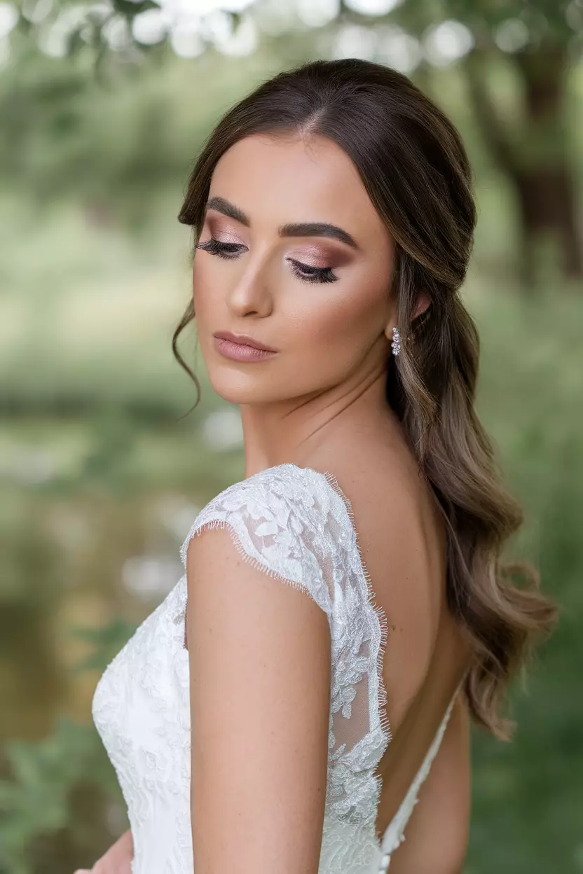 A professional photo, similar to a photo in a wedding magazine, of a bride with brown eyes adorned with matte mauve eyeshadow and wispy false lashes.