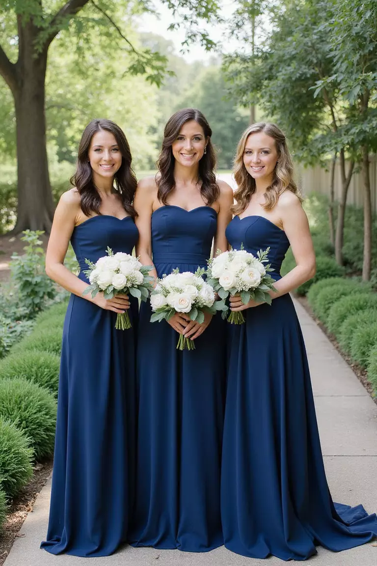 Navy Blue Bridesmaid Dresses A professional photo, similar to a photo in a wedding magazine, of bridesmaids in flowing navy blue dresses standing in a garden setting, holding small white bouquets.