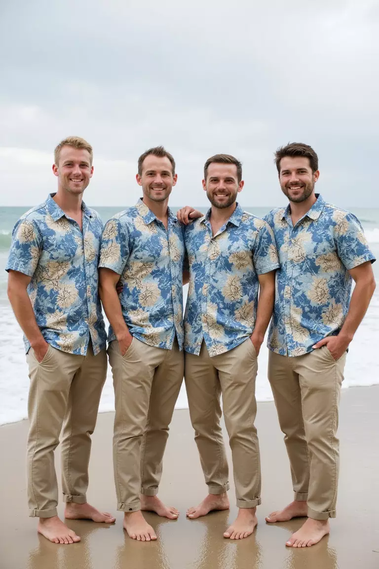 Hawaiian Shirt Groomsmen Attire A professional photo, similar to a photo in a wedding magazine, of groomsmen in relaxed khaki pants and coordinating Hawaiian shirts standing barefoot on a beach with the groom.
