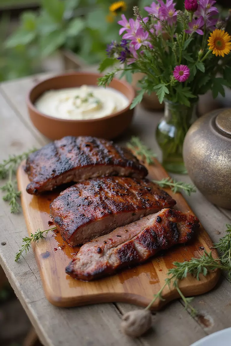 Barbecue Food Stations A professional photo, similar to a photo in a wedding magazine, of a mouthwatering barbecue station with smoked meats and sides on wooden boards, decorated with herbs and wildflowers.