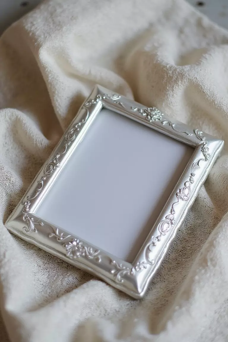 Personalized Photo Frames A professional photo, similar to a photo in a wedding magazine, of elegant silver photo frames arranged on antique lace fabric with soft lighting.